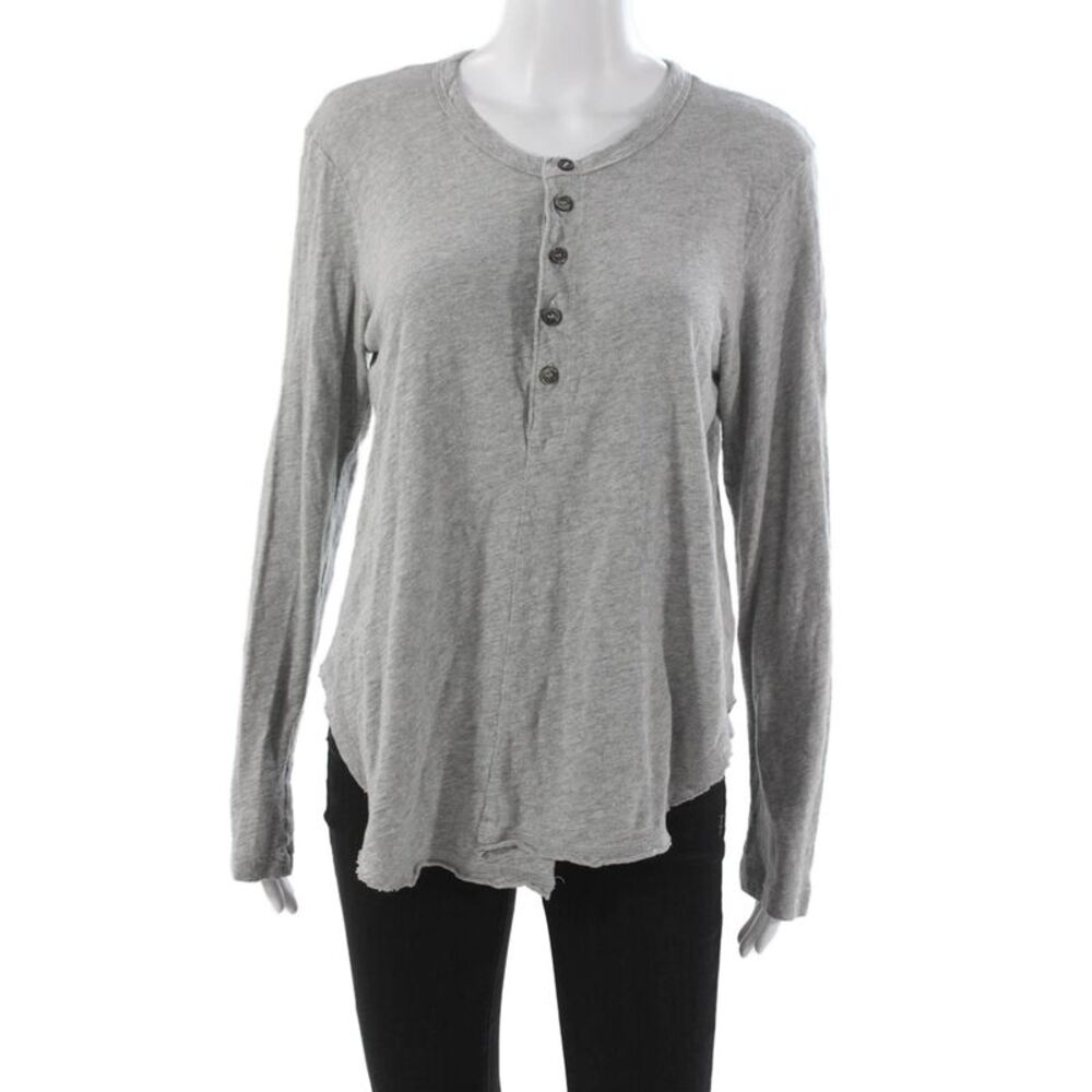 Wilt Womens Basic Henley Long Sleeve Gray Cotton T-Shirt Size M